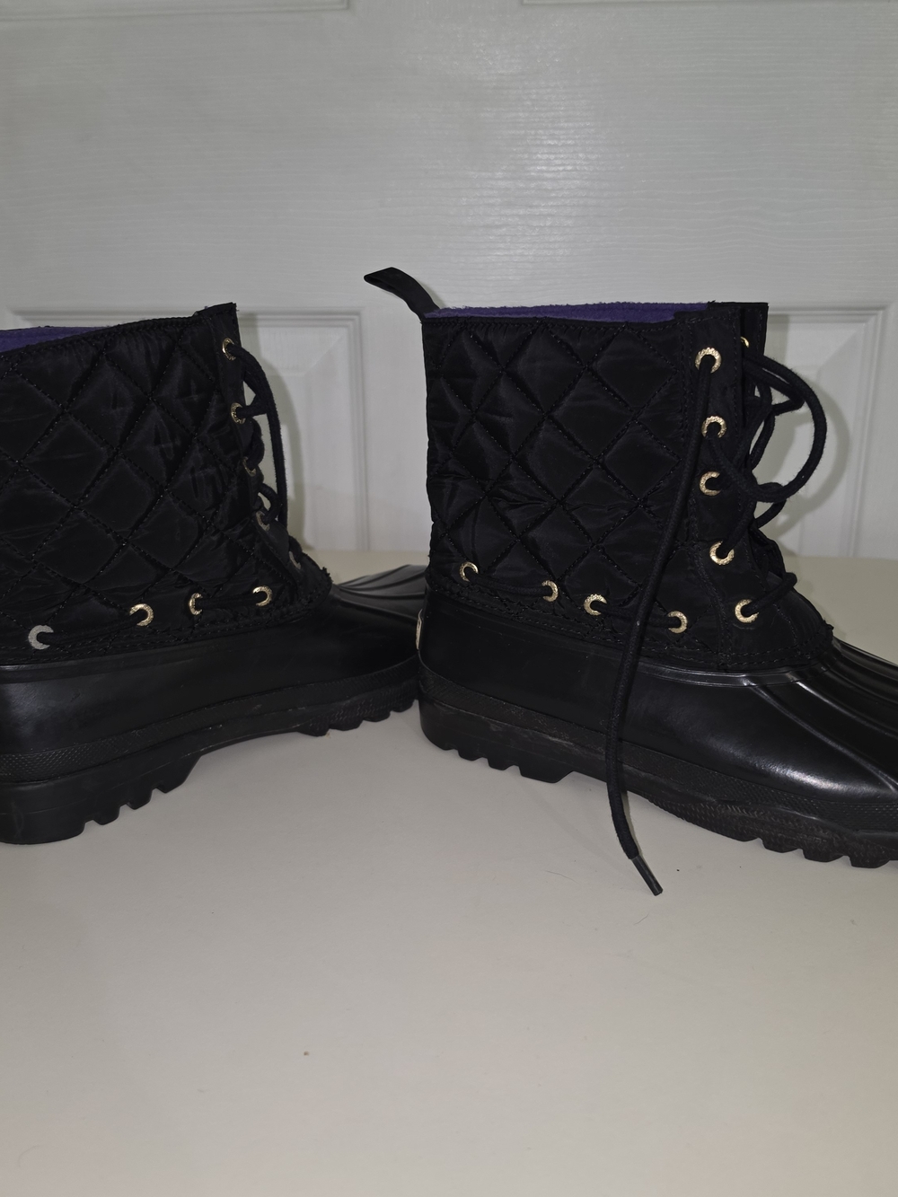 Sperry Black Quilted Lace-Up Winter Duck Boots with Purple Lining - Picture 7 of 10